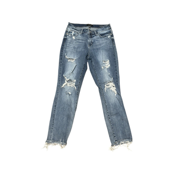 Judy Blue Boyfriend Fit Jeans 5/27 Stretch Distressed Dark Wash‎ High Rise Denim - Picture 1 of 7